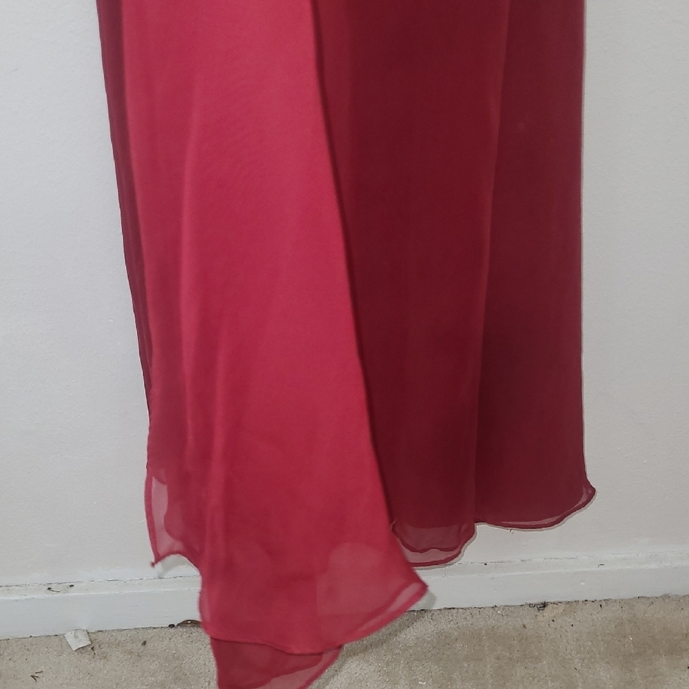Formal Maxi Dress Burgundy Spaghetti Strap Sweetheart Train Sheer Chiffon Whimsi - Picture 9 of 14